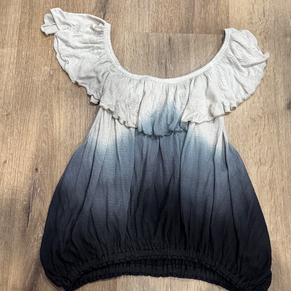 Free People Ombre Ruffle Sleeve Blouse - blue and gray. Small.